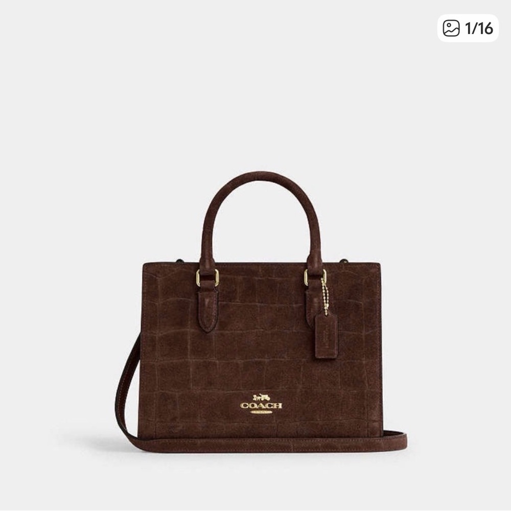 Coach Brown Croc-Embossed Suede Satchel with Gold Hardware